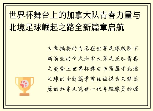 世界杯舞台上的加拿大队青春力量与北境足球崛起之路全新篇章启航